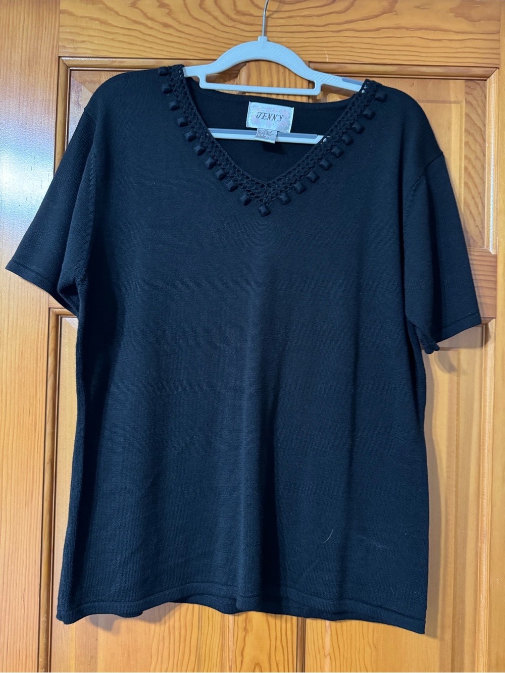 Jenny Black V-Neck Short Sleeve Sweater with Pom Trim